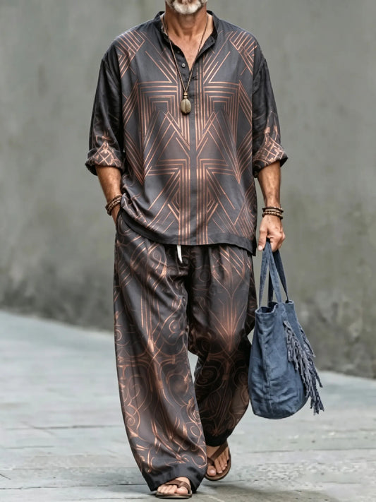 Men's Vintage Abstract Art Printed Cotton Shirt Set (Top & Pants)