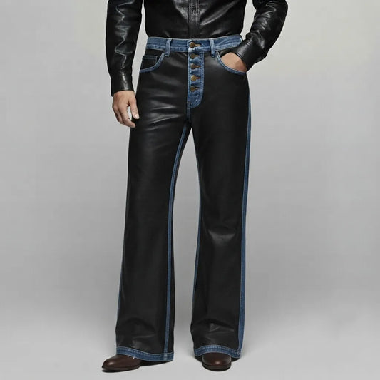 Men's Black PU Leather Denim Splicing Multi-Button Straight Leg Pants