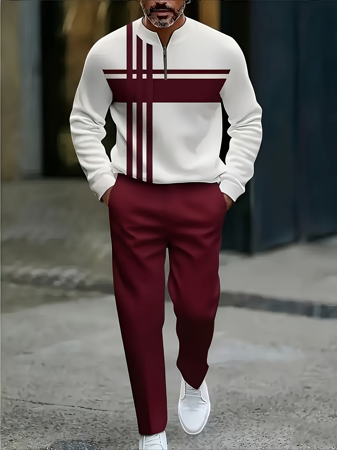 Men's Casual Color Matching Printed Round-Neck Zipper Long Sleeved Trousers Two-Piece Set 1218