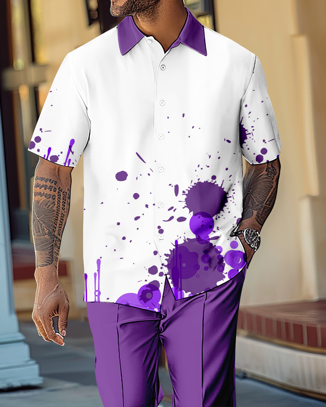 Men's Gorgeous Color Block Short Sleeve Shirt Walking Suit 1077