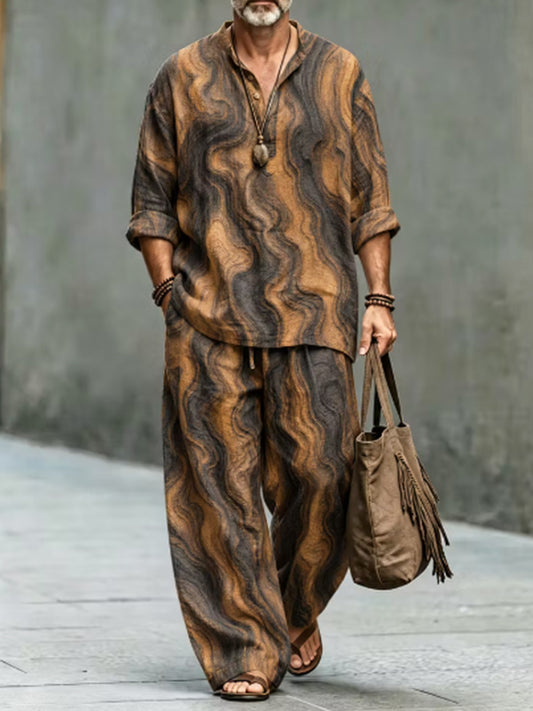 Men's Geometric Art Abstract Print Half Button Long Sleeve Shirt Pants 2pcs Set