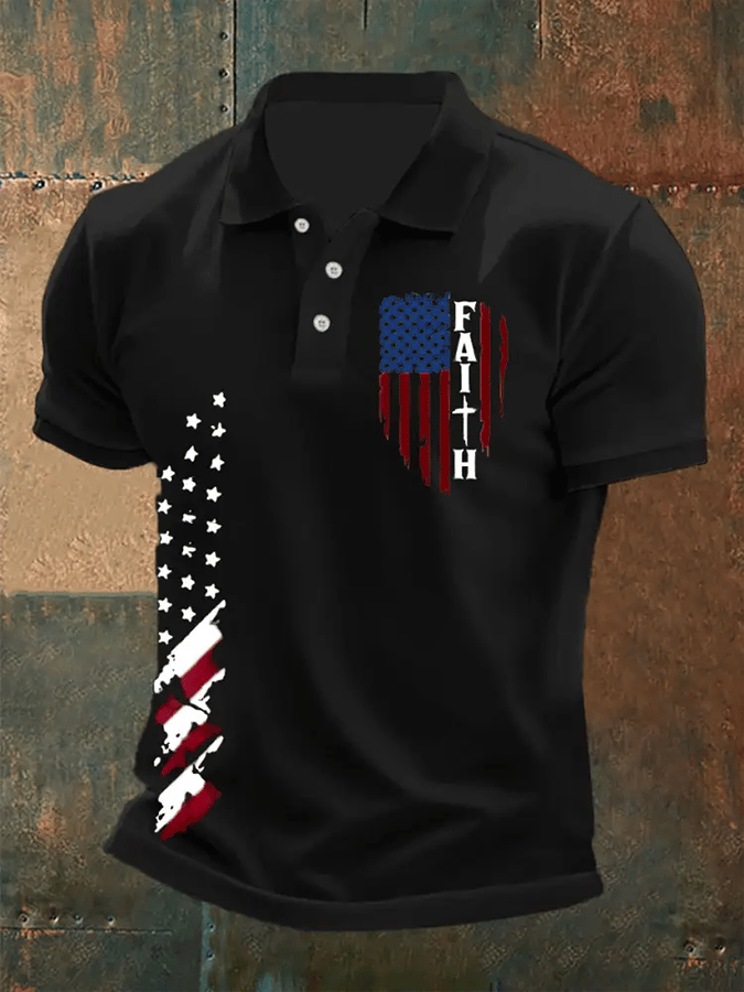Men's Faith Cross America Flag Printed Short Sleeve POLO T-shirt