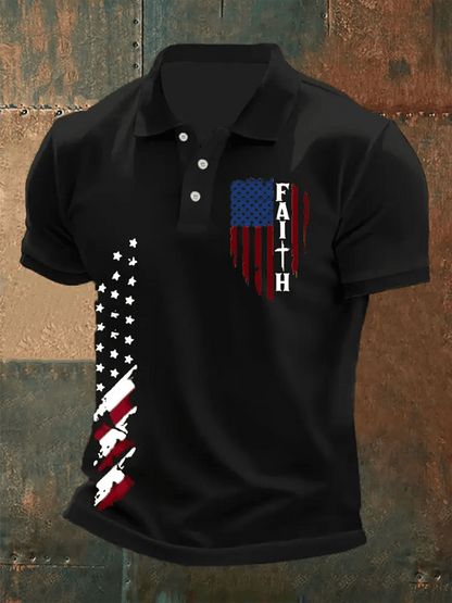 Men's Faith Cross America Flag Printed Short Sleeve POLO T-shirt