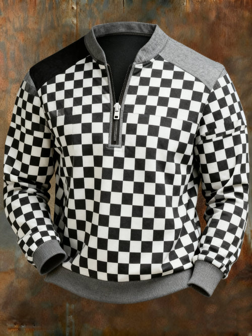 Checkered Geometric Print Zipper Sweatshirt