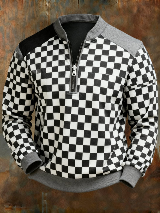 Checkered Geometric Print Zipper Sweatshirt