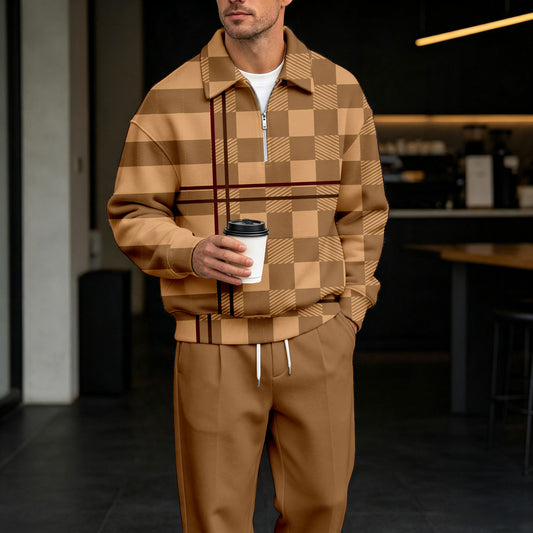 Men's Checkered Zipper Polo Shirt and Pants Set