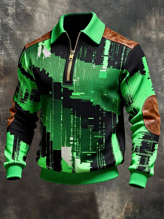 Men's Vintage Color-Block Printed Zip-Up Hoodie