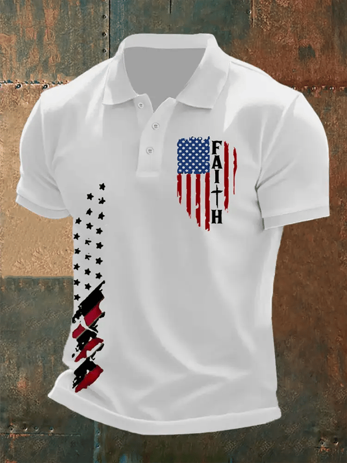 Men's Faith Cross America Flag Printed Short Sleeve POLO T-shirt