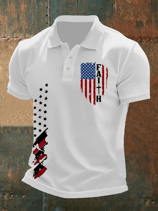 Men's Faith Cross America Flag Printed Short Sleeve POLO T-shirt