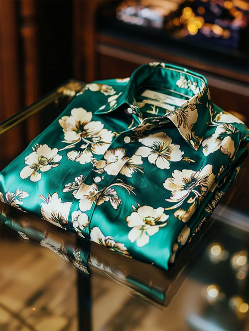 Men's Satin Luxe Hawaiian Print Short Sleeve Button Shirt