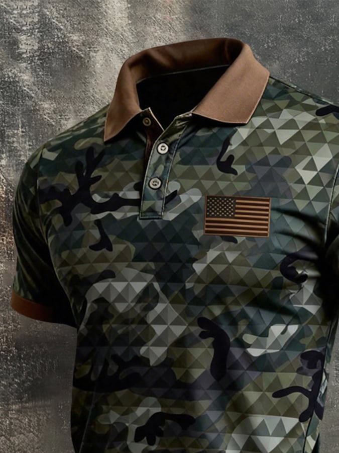 Men's Retro Patriotic Color-Block Short-Sleeve Polo Shirt
