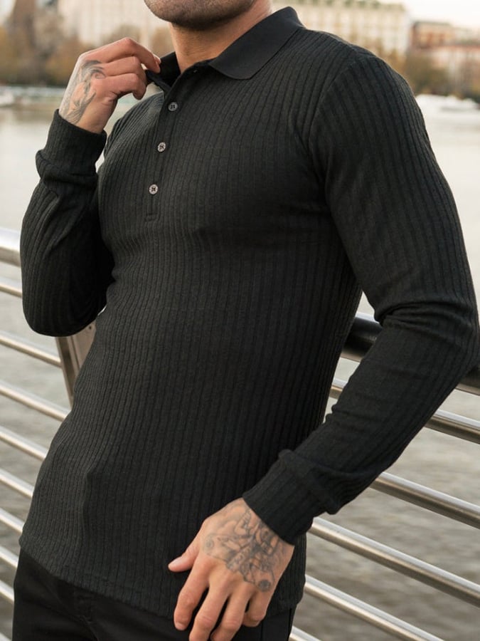 Casual Sports Stretch Vertical Stripe Polo Knit Shirt