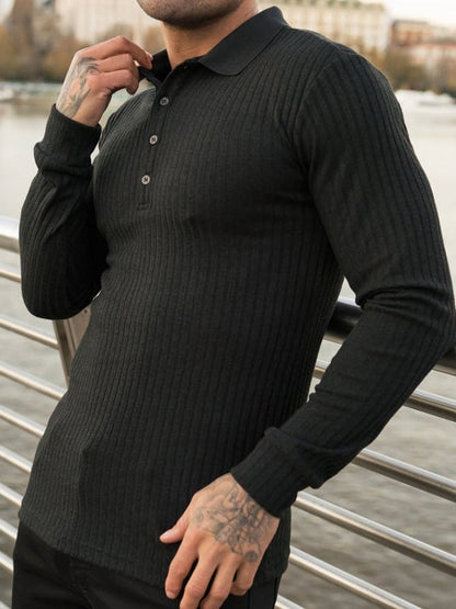 Casual Sports Stretch Vertical Stripe Polo Knit Shirt