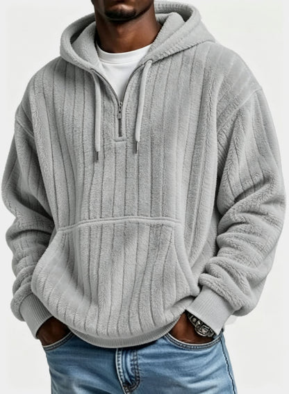 Men’s Vertical Striped Soft Fuzzy Half Zip Hooded Sweatshirt