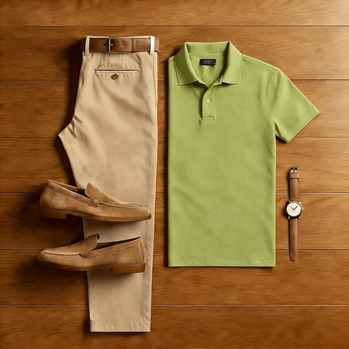 Men's Casual Green Polo Shirt And Khaki Pants Two-Piece Set