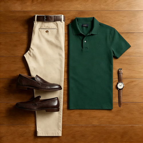Men's Casual Dark Green Polo Shirt And Khaki Pants Two-Piece Set