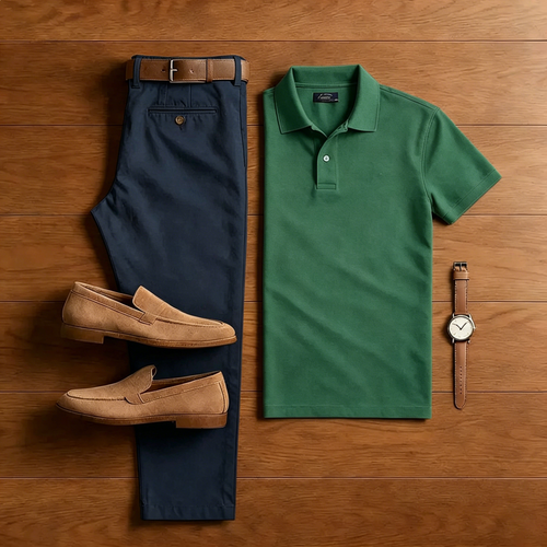 Men's Casual Green Polo Shirt And Navy Blue Pants Two-Piece Set