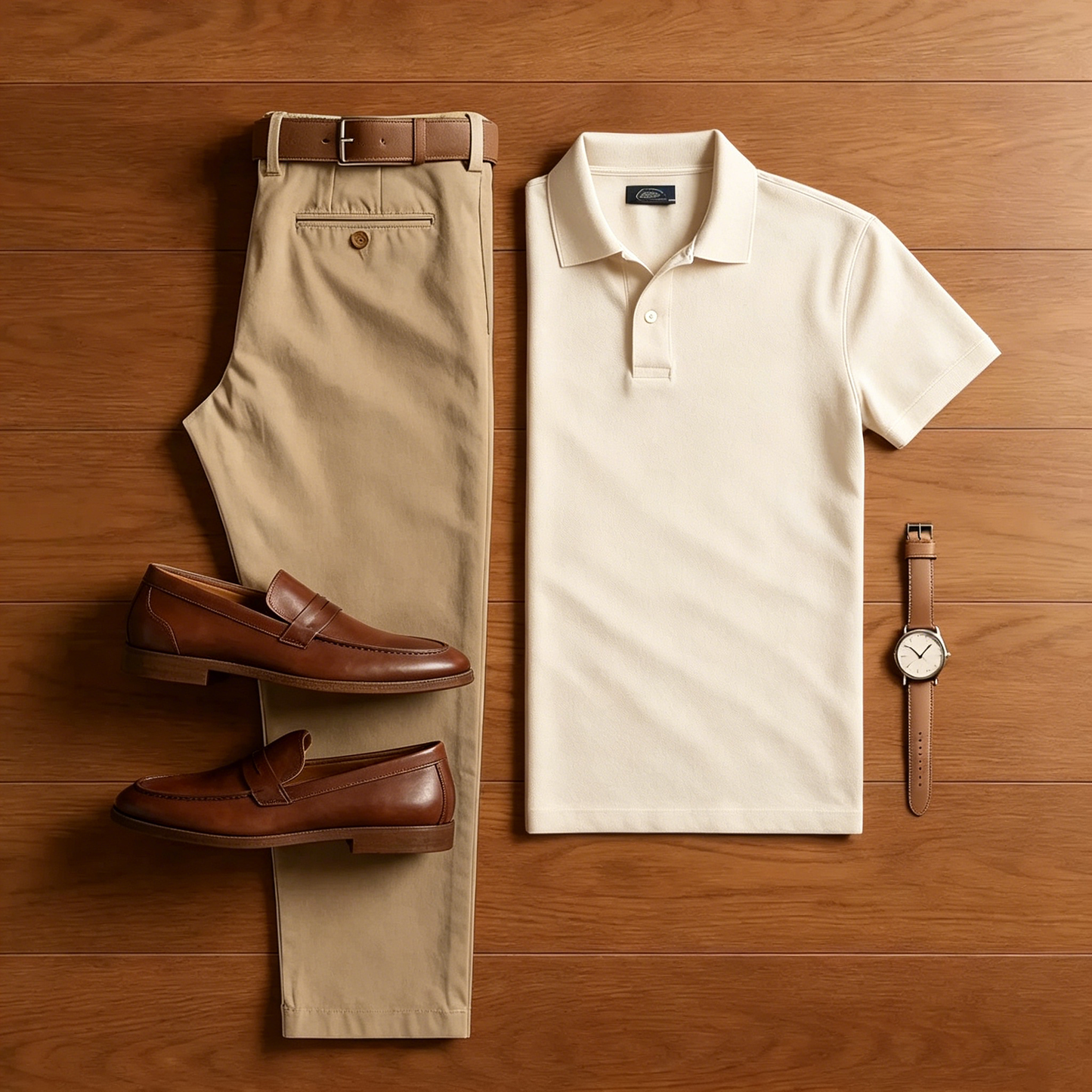 Men's Casual Pale Beige Polo Shirt And Khaki Pants Two-Piece Set