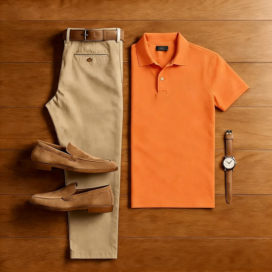 Men's Casual Orange Polo Shirt And Khaki Pants Two-Piece Set