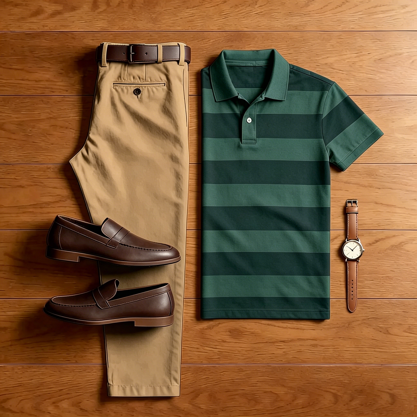 Men's Casual Green Striped Polo Shirt And Khaki Pants Two-Piece Set