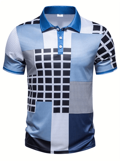 Men's Business Stripe Logo Button-Down Short Sleeve Polo Shirt
