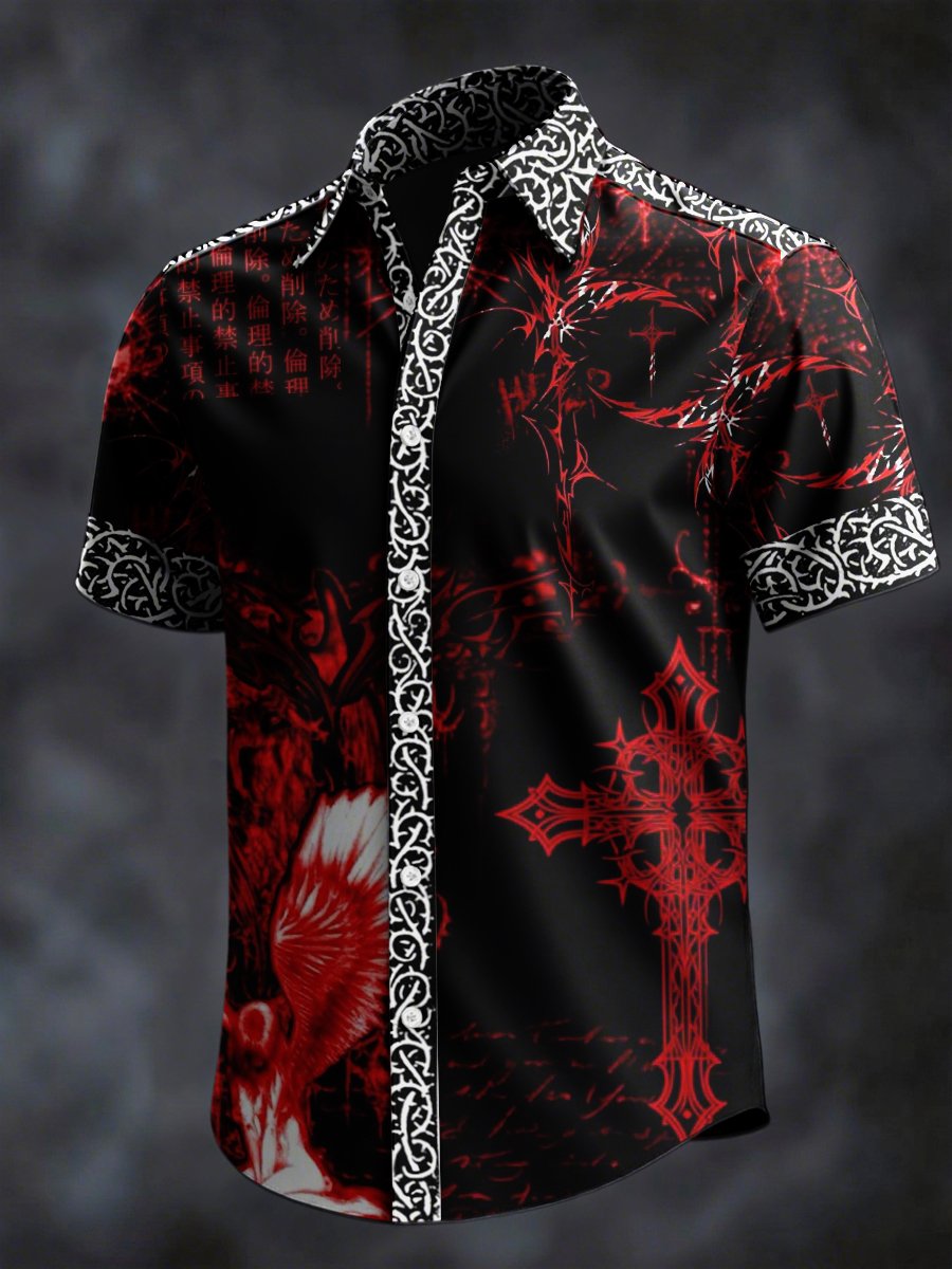 Men's Retro Horror Skull Print Lapel Short Sleeve Shirt
