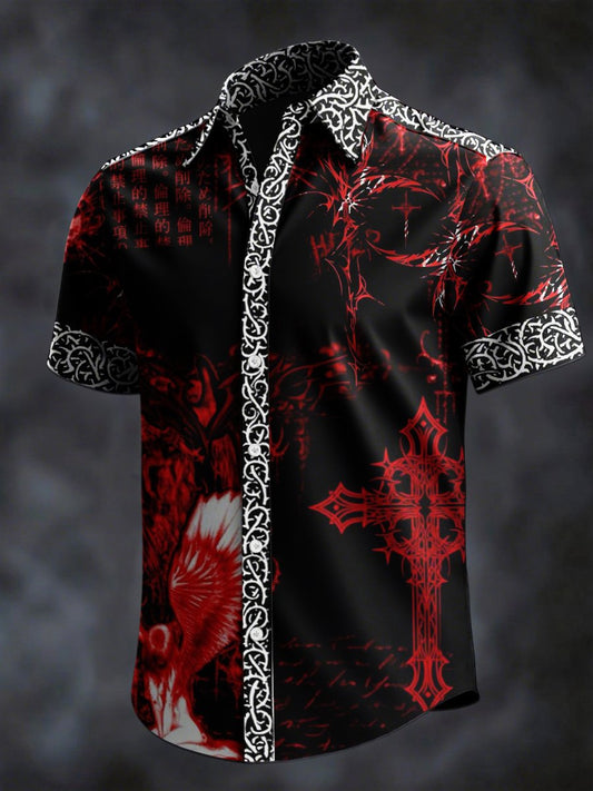 Men's Retro Horror Skull Print Lapel Short Sleeve Shirt