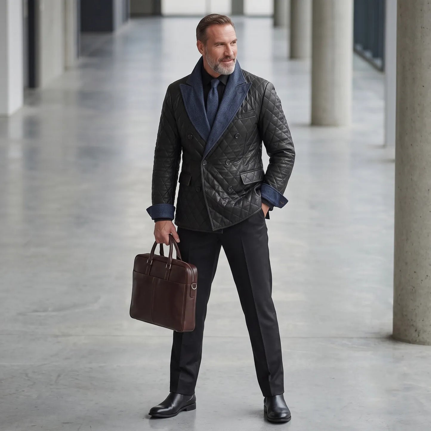 Men's Black Double-Breasted Denim Contrast Peak Lapel Quilted PU Leather Blazer