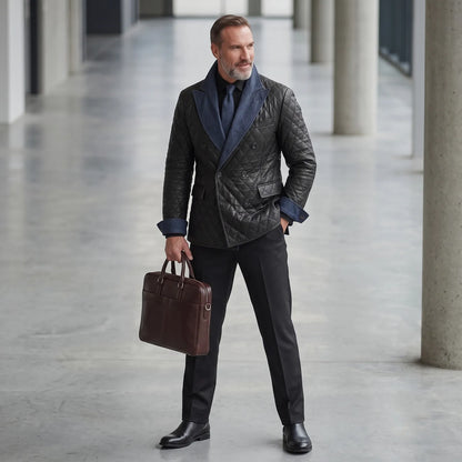 Men's Black Double-Breasted Denim Contrast Peak Lapel Quilted PU Leather Blazer