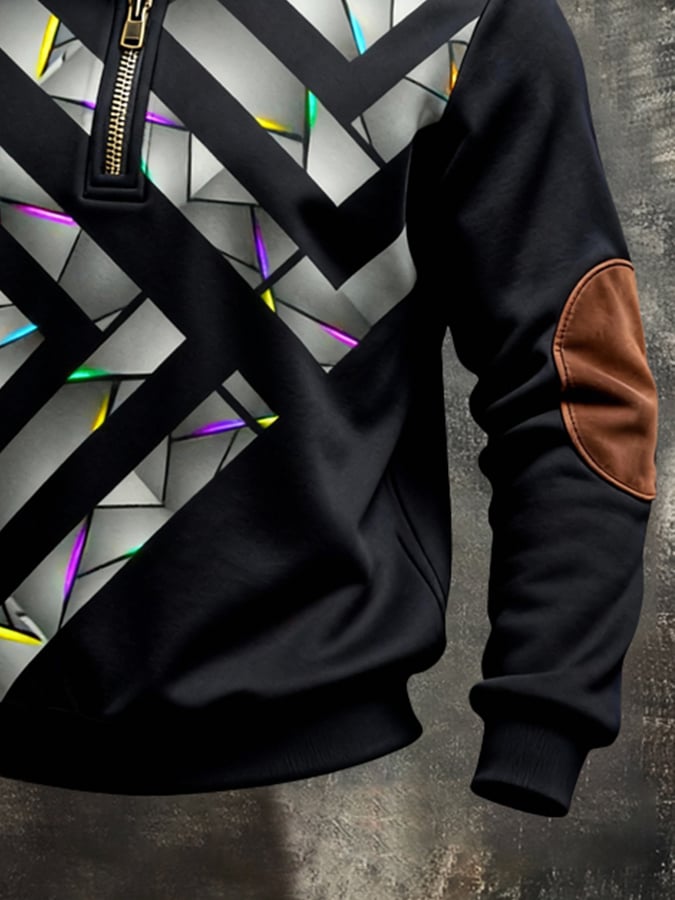 Men's Retro Color Block Print Color-Blocked Zip-Up Sweatshirt