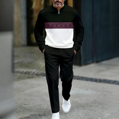 Men's Casual Color Matching Printed Round-Neck Zipper Long Sleeved Trousers Two-Piece Set