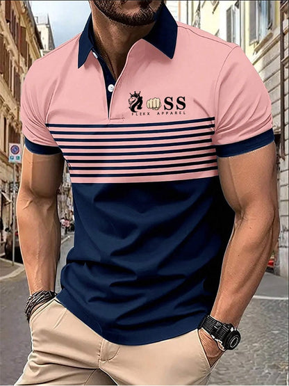 Men's Casual Striped Letter Polo Shirt