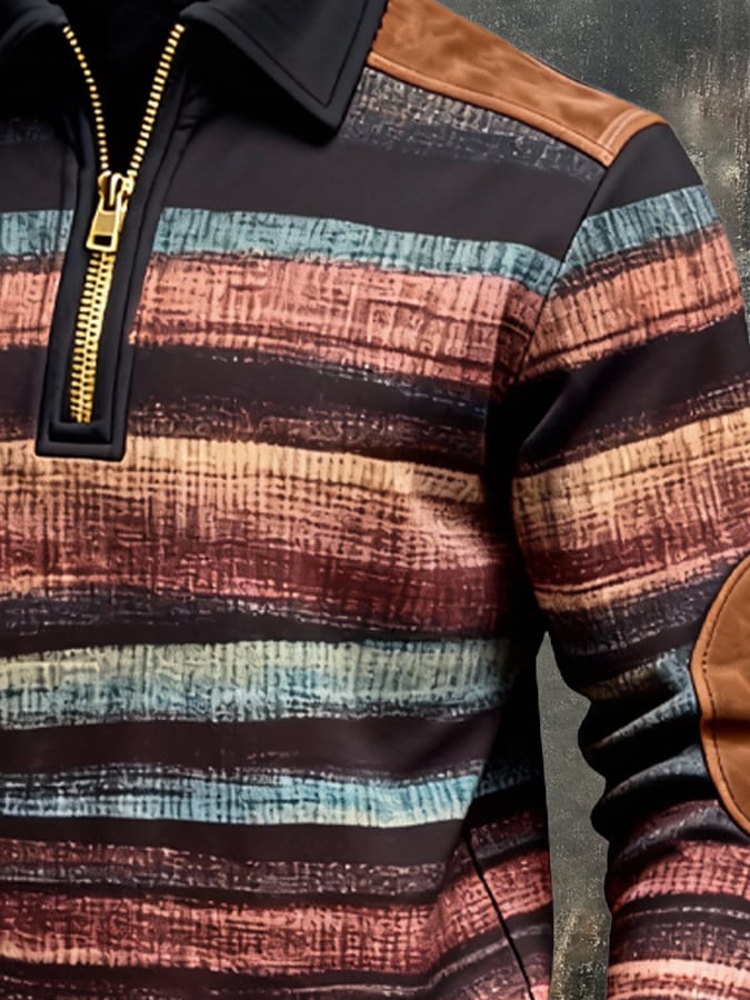 Men's Retro Color Block Print Zipper Sweatshirt