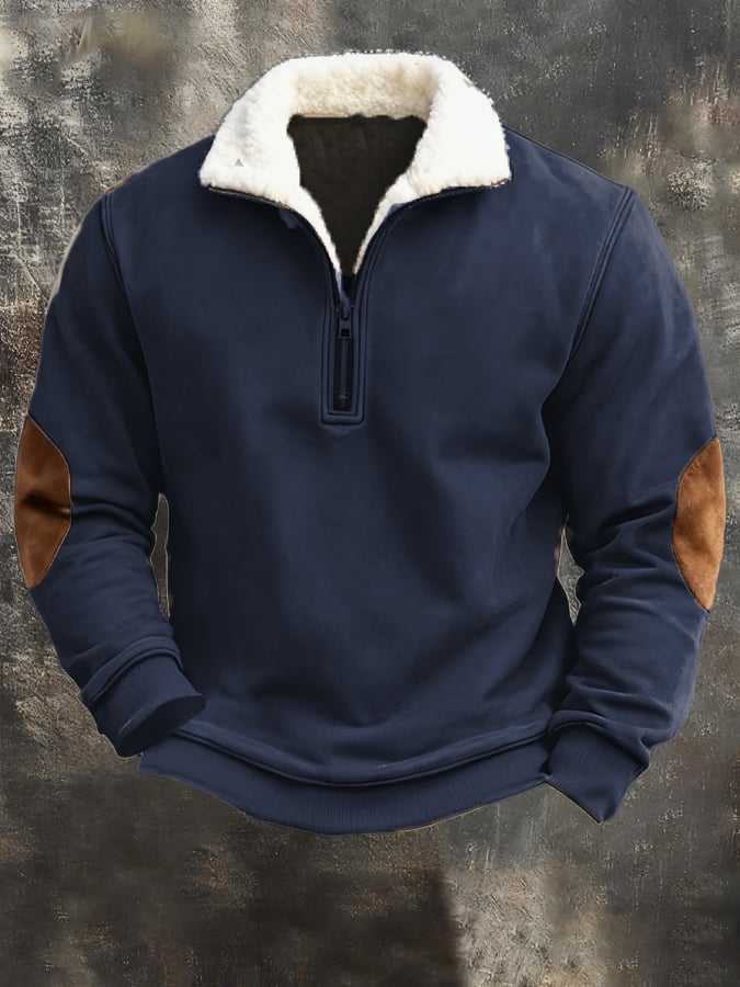 Men's Vintage Distressed Plush Lapel Warm Sweatshirt