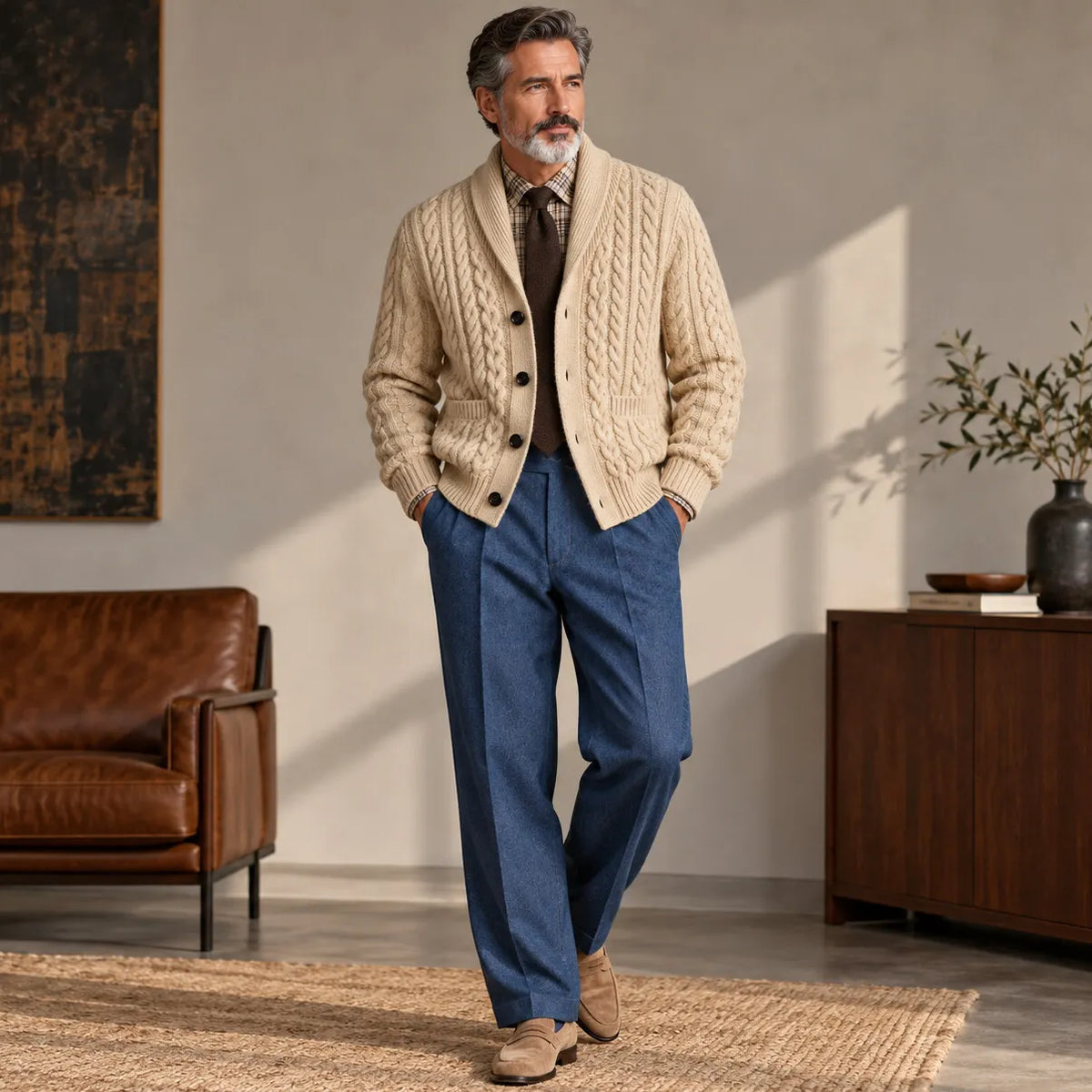 Men's Brown Shawl Lapel Single Breasted Pockets Cable Knit Cardigan