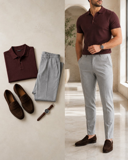 Men's Burgundy Color Short Sleeves Polo Shirt & Jeans Pants Two Piece Set