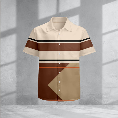 Men's Casual Coffee & Khaki Color Matching Geometric Print Short-Sleeve Shirt