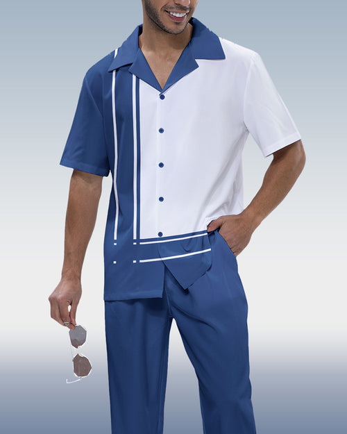 Navy Panel Print Short Sleeve Walking Suit