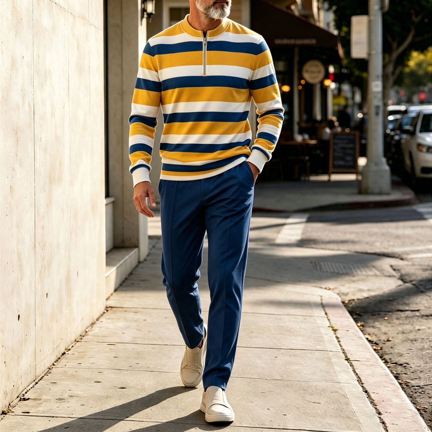Men's Two-Tone Round-Neck Zipper Long-Sleeve Shirt and Pants Set
