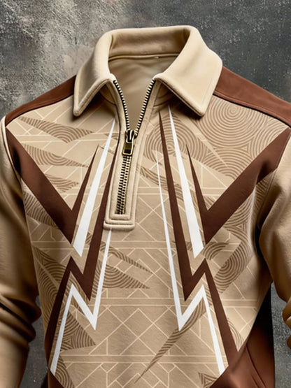 Men's Retro Color Block Print Color-Blocked Zip-Up Sweatshirt