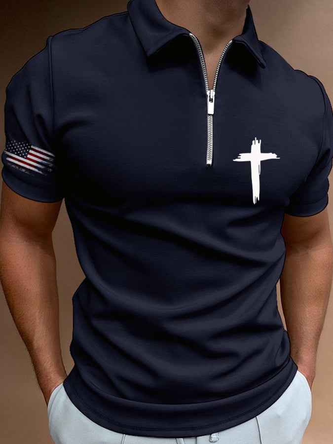 Men's Flag Cross Print Casual Polo Shirt