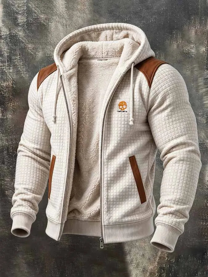 Men'S Retro Textured Checkered Faux Suede Hooded Jacket With Fleece Lining And Panel Detailing