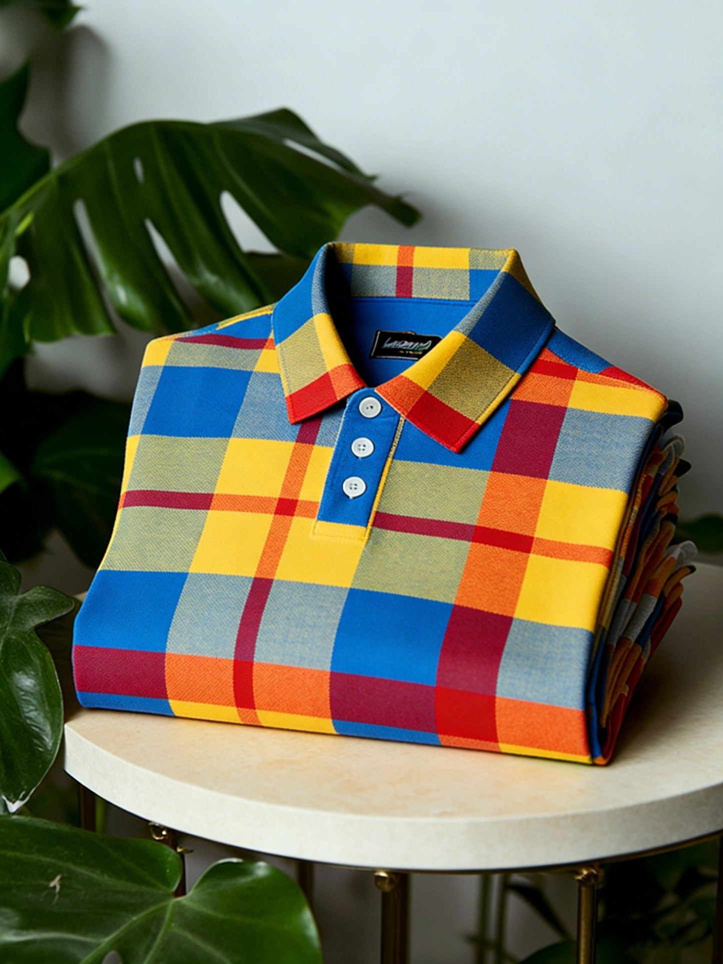 Men's Business Casual Button Short Sleeve Plaid Yellow Polo Shirt