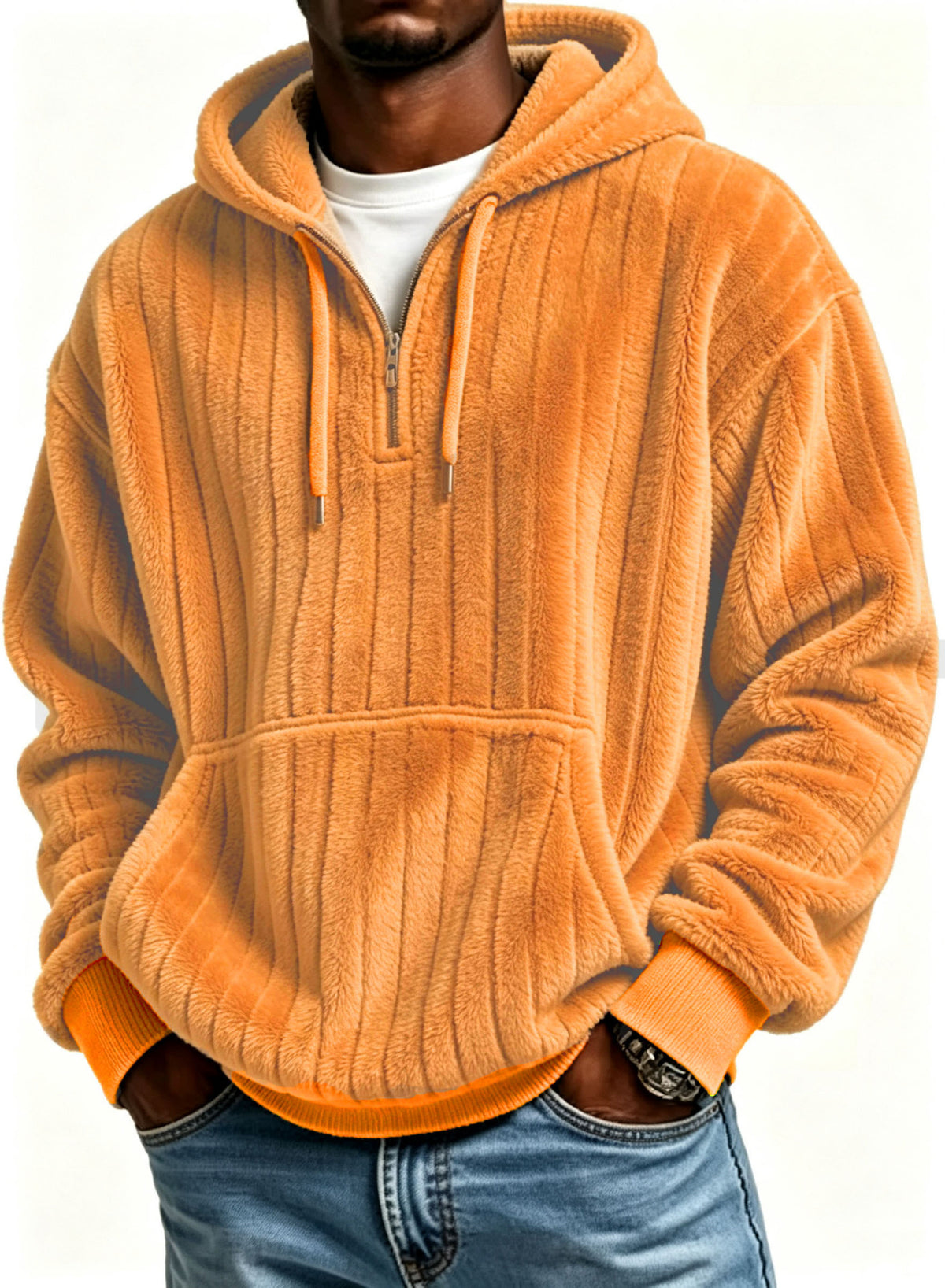 Men’s Vertical Striped Soft Fuzzy Half Zip Hooded Sweatshirt