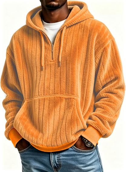 Men’s Vertical Striped Soft Fuzzy Half Zip Hooded Sweatshirt