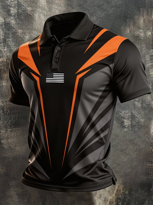 Men's Retro Patriotic Color-Block Short-Sleeve Polo Shirt