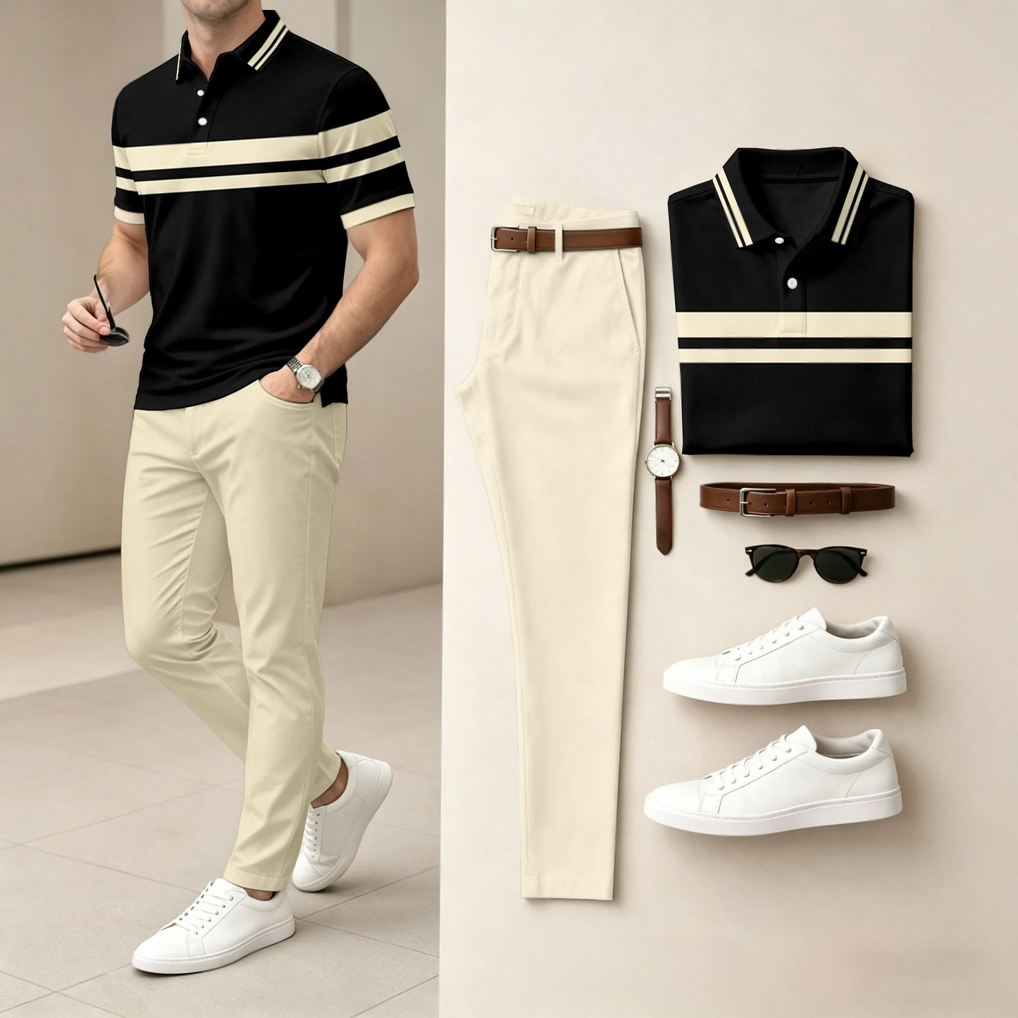 Men's Casual Black Geometry Printed Polo Shirt And Pants Two-Piece Set