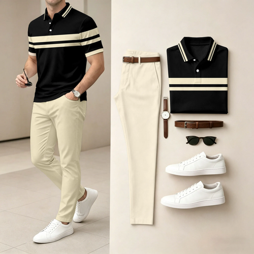 Men's Casual Black Geometry Printed Polo Shirt And Pants Two-Piece Set