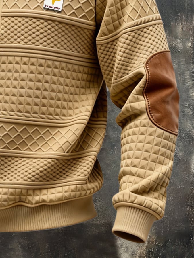 Men's Retro Jacquard Textured Patchwork Comfortable Color-Blocked Zip-Up Sweatshirt