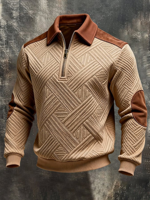 Men'S Vintage-Style Textured Patchwork Color-Block Long-Sleeved Sweatshirt